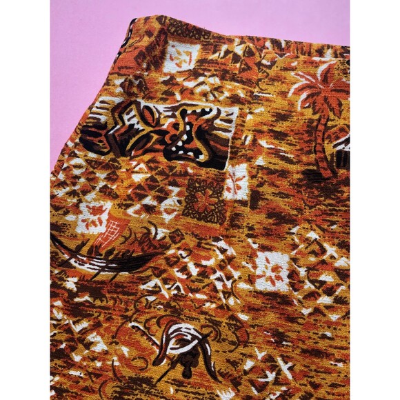 1990s ISAAC MIZRAHI Orange & Brown Island Tiki Print Faux Wrap Mini Skirt. S - Picture 4 of 10